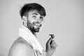 Hygiene and grooming of happy man smiling with safety razor Royalty Free Stock Photo