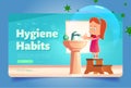 Hygiene habits banner with girl washing hands