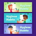 Hygiene habits cartoon banners, children wash hand Royalty Free Stock Photo