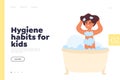 Hygiene habits for kids concept of landing page with small girl taking bath with soap and foam