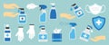 Hygiene hand spray, PPE icons, disinfect, mask, corona virus protection, antiseptic, sanitizer bottles, washing gel, antibacterial