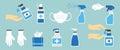 Hygiene hand spray, PPE icons, disinfect, mask, corona virus protection, antiseptic, sanitizer bottles, washing gel, antibacterial