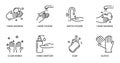 Hygiene hand washing. Vector set of dessert icons. Editable Stroke. Wash hands with soap and water, antiseptic, gloves