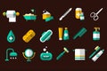 Hygiene icon set. Toilet paper, nail file and scissors, towel, toothpaste and brush. Bathroom and body care items. Flat