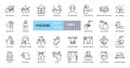 Hygiene icons. Set of 29 images with editable stroke. Includes hygiene of hands, body, premises, clothing, bedding. Hand washing Royalty Free Stock Photo