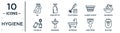 hygiene linear icon set. includes thin line gel, toilet brush, washbasin, washbowl, hand dryer, epilator, dolled up icons for
