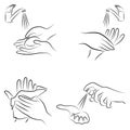 Hygiene procedure collection. Wash hands with soap under the tap, wipe with a napkin, antiseptic treatment. Vector illustration of