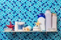 Hygiene products on shelf in the bathroom Royalty Free Stock Photo