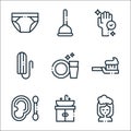 hygiene routine line icons. linear set. quality vector line set such as hair washing, sink, cotton swab, toothbrush, clean dishes