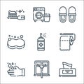 Hygiene routine line icons. linear set. quality vector line set such as tissue box, window cleaning, handwash, toilet paper, spray Royalty Free Stock Photo