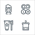 Hygiene routine line icons. linear set. quality vector line set such as towel, tooth hygiene, contact lens