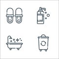 Hygiene routine line icons. linear set. quality vector line set such as trash bin, bathtub, liquid soap