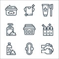 hygiene routine line icons. linear set. quality vector line set such as washing hands, sanitary pad, foam, manicure, towel, liquid Royalty Free Stock Photo