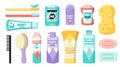 Hygiene set. Cartoon body and face skin care daily cosmetics. Shower clip art collection. Soap and shampoo. Isolated deodorant or