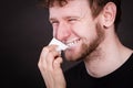 Woman wipe man face by hygienic tissue. Royalty Free Stock Photo