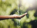 Hygiene, washing and saving water with hands against a green nature background. Closeup of one person holding out their