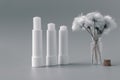 Hygienic lip balms and fluffy white flower on silver color background