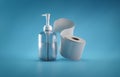 Hygienic Set of Toilet Paper Roll and Antiseptic Sanitizer Gel, Frontal View, Blue Background, 3D Illustration