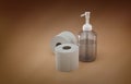 Hygienic Set of Toilet Paper Roll and Antiseptic Sanitizer Gel, Frontal View, Brown Background, 3D Illustration