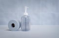 Hygienic Set of Toilet Paper Roll and Antiseptic Sanitizer Gel, Frontal View, Light Background, 3D Illustration