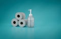 Hygienic Set of Toilet Paper Rolls and Antiseptic Sanitizer Gel, Frontal View, Turquoise Background, 3D Illustration