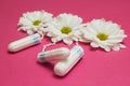 Hygienic tampons and white flowers on a pink background Royalty Free Stock Photo