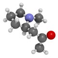 Hygrine coca alkaloid molecule. 3D rendering. Atoms are represented as spheres with conventional color coding: hydrogen (white),