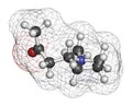 Hygrine coca alkaloid molecule. 3D rendering. Atoms are represented as spheres with conventional color coding: hydrogen (white),