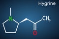 Hygrine pyrrolidine alkaloid molecule. It is found in the coca plant. Structural chemical formula on the dark blue background