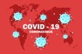 Coronavirus. Red map of the world. Spread of infection. Dangerous virus. Vector illustration.