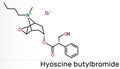 Hyoscine butylbromide, scopolamine butylbromide, butylscopolamine, butylhyoscine molecule. It is antimuscarinic, anticholinergic