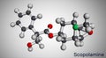 Hyoscine, scopolamine. L-Scopolamine molecule. It is natural plant alkaloid, psychoactive, anticholinergic, antimuscarinic drug.