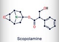 Hyoscine, scopolamine. L-Scopolamine molecule. It is natural plant alkaloid, psychoactive, anticholinergic, antimuscarinic drug.