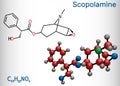 Hyoscine, scopolamine. L-Scopolamine molecule. It is natural plant alkaloid, psychoactive, anticholinergic, antimuscarinic drug.