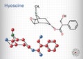 Hyoscine, scopolamine. L-Scopolamine molecule. It is natural plant alkaloid, psychoactive, anticholinergic, antimuscarinic drug.