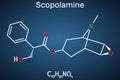 Hyoscine, scopolamine. L-Scopolamine molecule. It is natural plant alkaloid, psychoactive, anticholinergic, antimuscarinic drug.