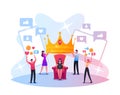 Hype Concept. Tiny Male and Female Characters Put Huge Royal Crown on Woman Head Sitting on Throne. Social Media Content