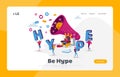 Hype Landing Page Template. Tiny Characters with Huge Letters in Hands and Megaphone. King on Throne with Money