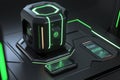A hyper-advanced security system featuring a 3D hexagonal biometric scanner. The glowing retina scan