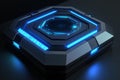 A hyper-advanced security system featuring a 3D hexagonal biometric scanner. The glowing retina scan