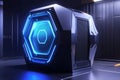A hyper-advanced security system featuring a 3D hexagonal biometric scanner. The glowing retina scan