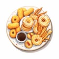 Hyper-detail Birds-eye-view Illustration Of French Fries, Donuts, And Sauce Royalty Free Stock Photo