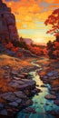 Hyper-detailed Acrylic Painting: Fall Sunset In The Badlands