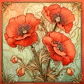 Hyper-detailed Art Nouveau Canvas With Red Poppies