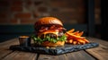 Hyper-detailed beef burger with loft background and bold light. Generative AI Royalty Free Stock Photo