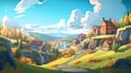 Hyper-detailed Cartoon Village On Hillside With Romantic Riverscapes In 8k Resolution