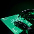 Hyper-detailed cinematic photograph of gloved hands utilizing a futuristic interface to analyze a complex molecular structure disp Royalty Free Stock Photo