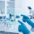 Photorealistic image capturing a researcher\'s gloved hands manipulating DNA sequencing data on a clean, futuristic touch-screen m Royalty Free Stock Photo