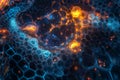 A hyper-detailed 3D background where hexagonal tiles resemble a living digital organism. The