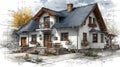 Hyper-Detailed 3D Rendering of House Construction on Architectural Blueprints. Generative AI Royalty Free Stock Photo